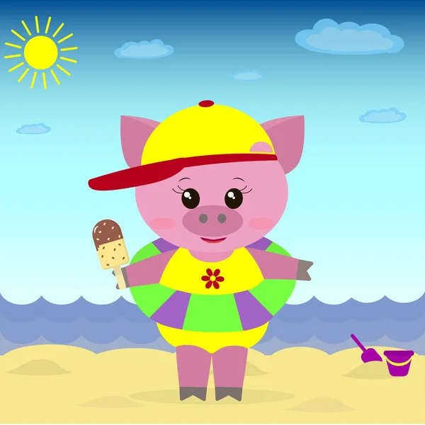 Ilustración de un lindo cerdito en la playa con helado . — Vector de stock