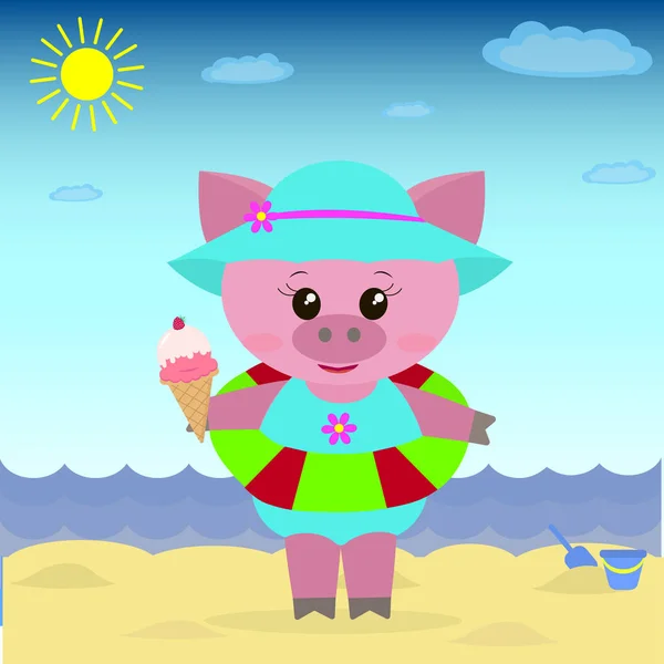 Ilustración de un lindo cerdito en la playa con helado . — Vector de stock