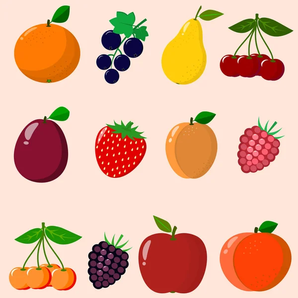 Früchte und Beeren in einem Set gesammelt. — Stockvektor