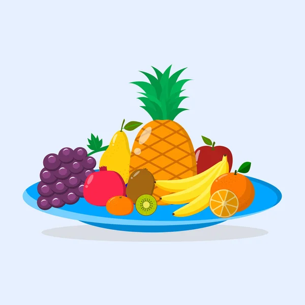Verschiedene Früchte in einem blauen Teller. — Stockvektor