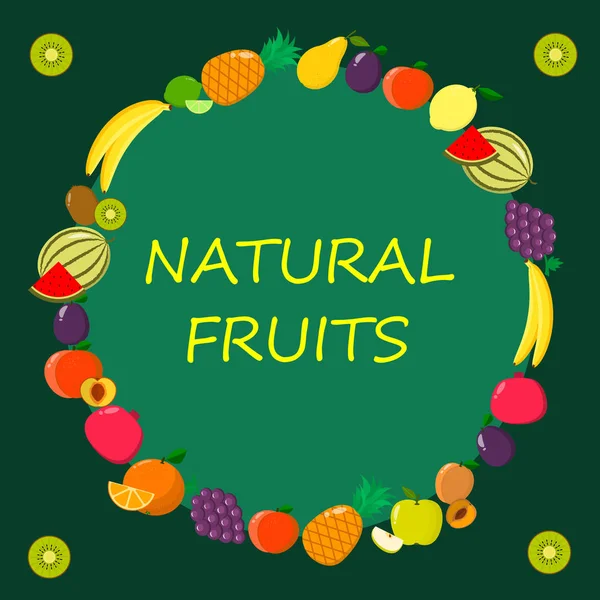 不同种类的水果在绿色背景上的插图. — 图库矢量图片