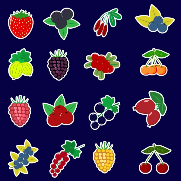 Ícones Etiquetas de frutas e bagas com um contorno branco em um conjunto em um fundo escuro . —  Vetores de Stock