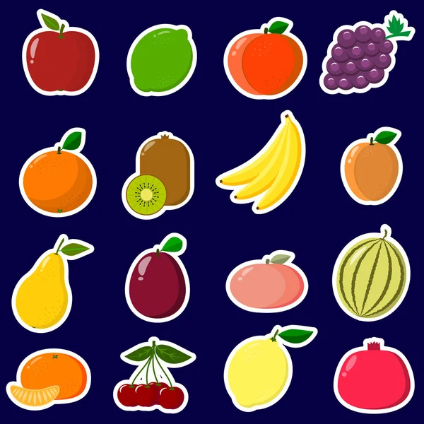 Pictogrammen Stickers van fruit met een witte rand, in een set op een donkere achtergrond. — Stockvector