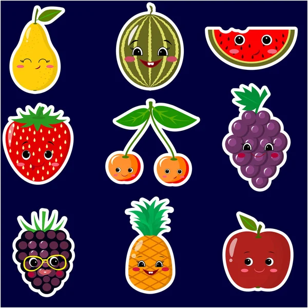 Ícones de frutas adesivos sorridentes com um contorno branco no conjunto . —  Vetores de Stock
