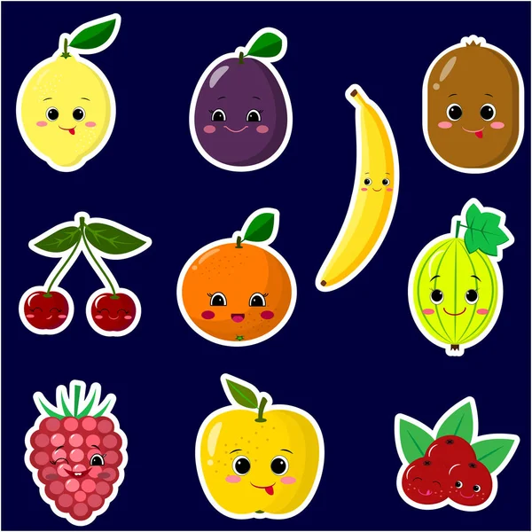 Icons of fruit smiley stickers with a white outline in the set. — Stock Vector