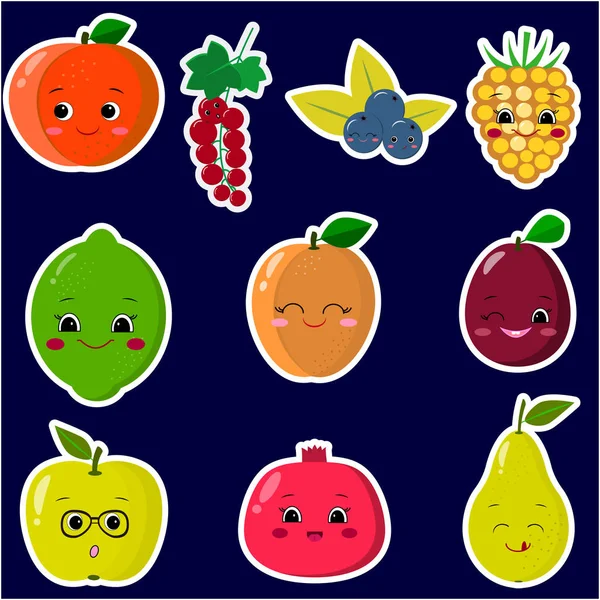 Meyve gülen yüz çıkartmaları ile küme bir beyaz anahat simgeleri.