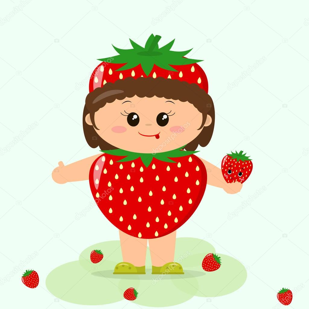 Baby in a strawberry suit.