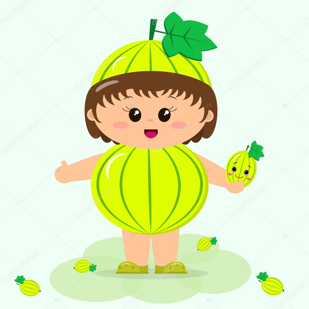 Baby in the suit of green gooseberry.