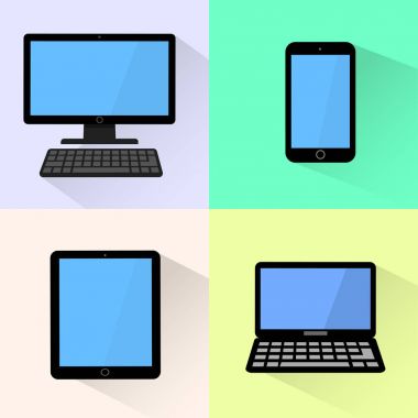 Aygıt simgesi. Siyah bilgisayar, dizüstü bilgisayar, tablet ve akıllı telefon.