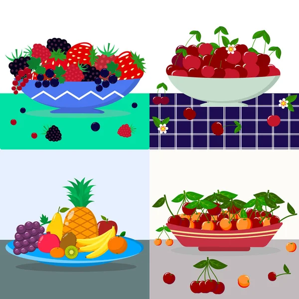 Zestaw ilustracji wektorowych z płyty owoce i jagody na stole. — Wektor stockowy