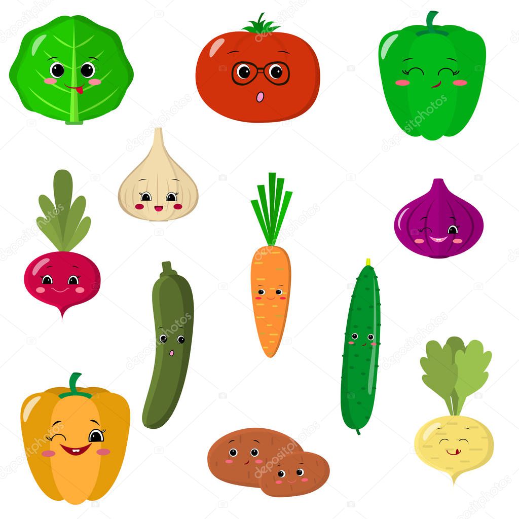 Set of flat icons of vegetable smiles.
