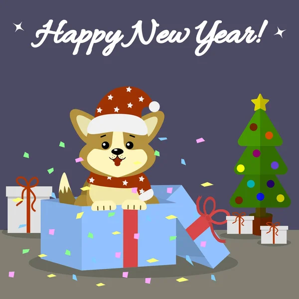 산타 모자와 스카프에 귀여운 강아지 corgi와 엽서는 과자, 어두운 배경에서 크리스마스 트리 옆으로 선물 상자에 앉아. — 스톡 벡터