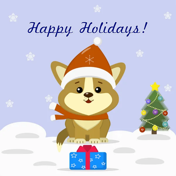 Christmas card with cute puppy corgi in Santa hat and scarf, sits next to tree and gift box, against the background of snowflakes. — Stock Vector
