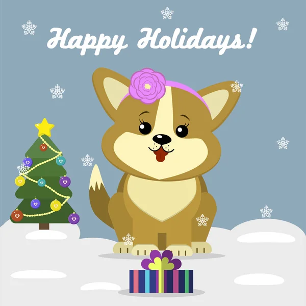 Kerstkaart met een schattige hond Corgi met een bloem op zijn hoofd, zitten naast een versierde kerstboom en een doos van de gift tegen de achtergrond van sneeuwvlokken. — Stockvector