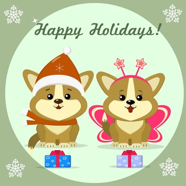 Christmas card with two cute puppy corgi in carnival costumes, sitting next to a gift box, in a round frame. — Stock Vector