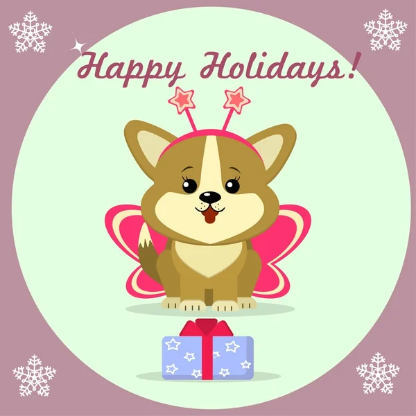 Christmas card with cute puppy corgi in butterfly costume, sits next to a gift box, in a round frame. — Stock Vector