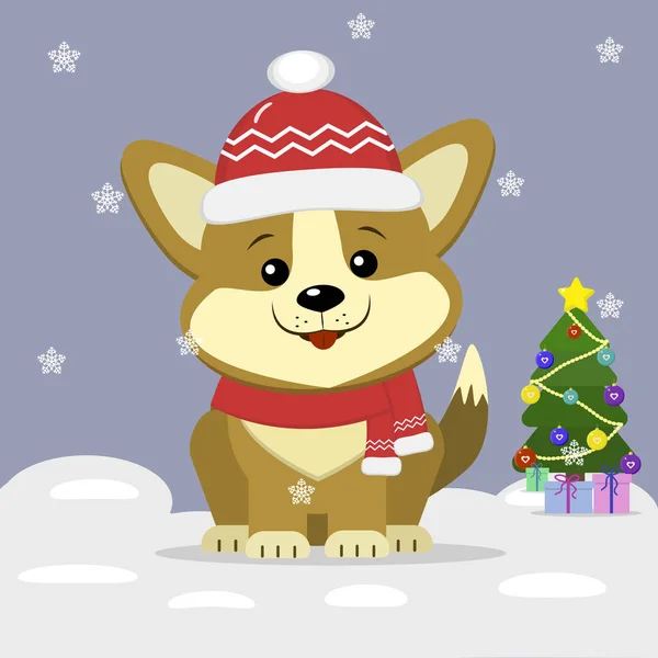 Neujahrskarte mit niedlichem Hundecorgi in roter Mütze und Schal, neben einem geschmückten Weihnachtsbaum sitzend, im Winter vor einem Hintergrund von Schneeflocken. — Stockvektor