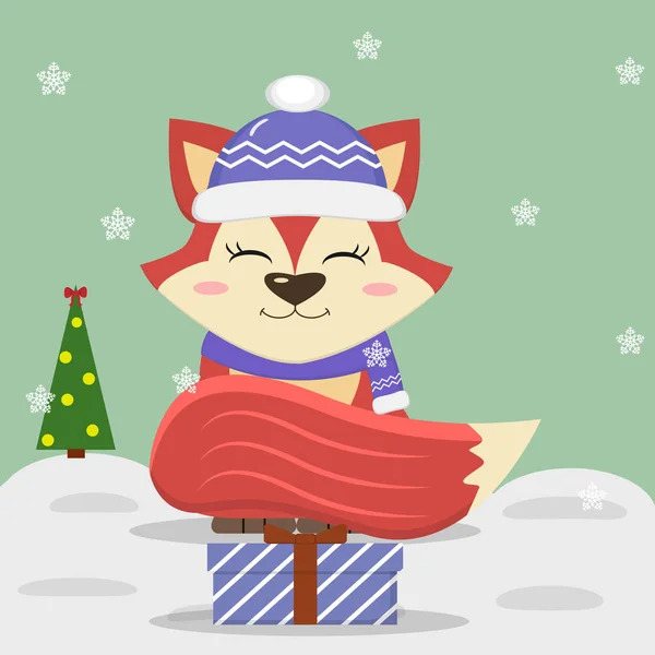 Weihnachtskarte mit niedlichem Fuchs in blauer Mütze und Schal, sitzt mit Geschenkbox, isoliert auf Schneehintergrund, Weihnachtsbaum, Schneeflocken. — Stockvektor