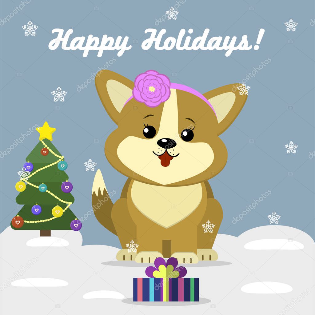 Christmas card with a cute dog Corgi with a flower on his head, sitting next to a decorated Christmas tree and a gift box against the background of snowflakes.