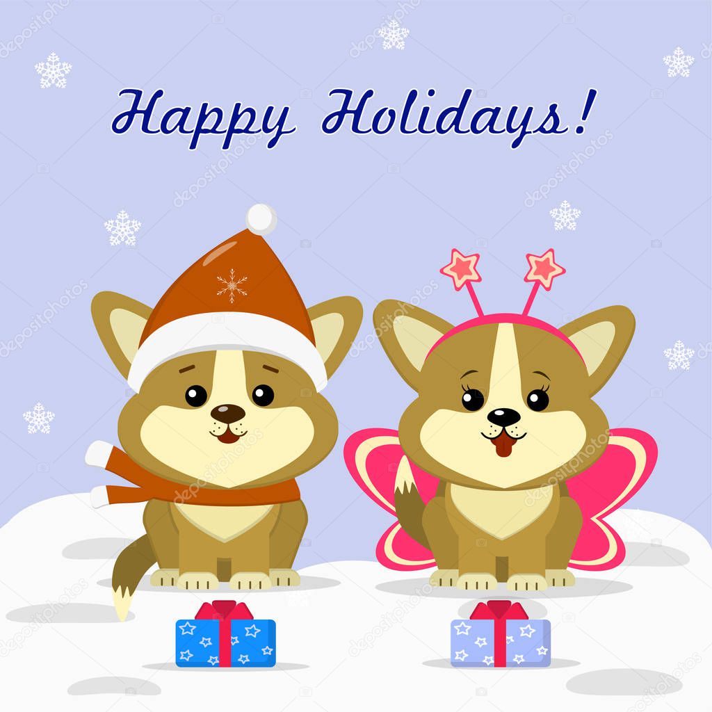 Christmas card with two cute Corgi puppies in carnival costumes, sitting next to a decorated Christmas tree and a gift box against the background of snowflakes.