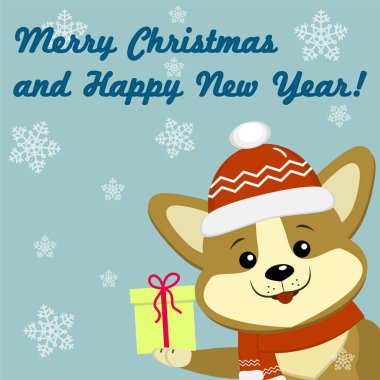 Noel kartı ile sevimli köpek Corgi kırmızı şapka ve kar taneleri arka planda bir hediye ile bir kutu tutan eşarp.