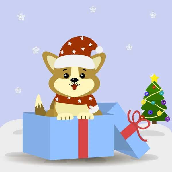 Postkarte mit niedlichem Hundecorgi in Weihnachtsmütze und Schal, sitzt in einer Geschenkbox neben dem Weihnachtsbaum. — Stockvektor