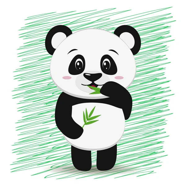 Bambu karikatür tarzı bir dalı ile tatlı panda ile yükseltilmiş bir el durur. — Stok Vektör