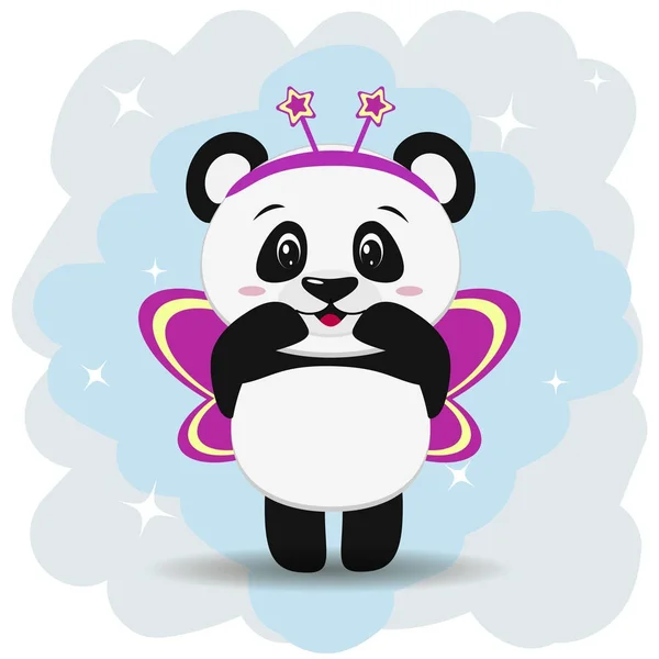 Panda dulce în costum de fluture roz, în stilul standurilor de desene animate cu mâini ridicate . — Vector de stoc