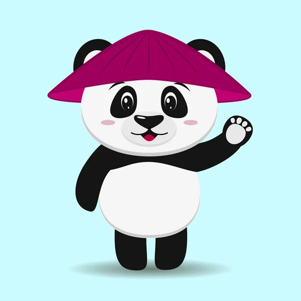 Un panda dulce purtând o pălărie în stil desene animate stă cu o mână ridicată . — Vector de stoc