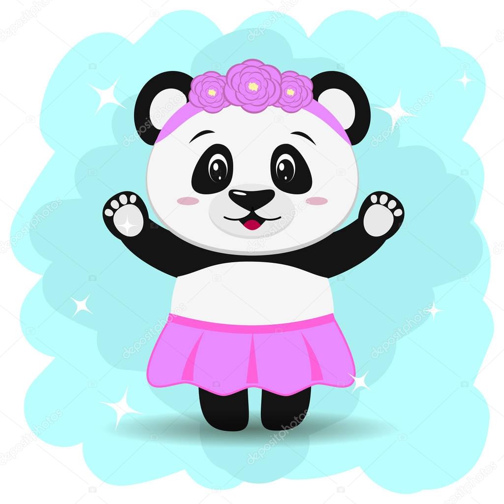 A sweet panda in a skirt and with a wreath, in the style of a cartoon stands with two arms raised.