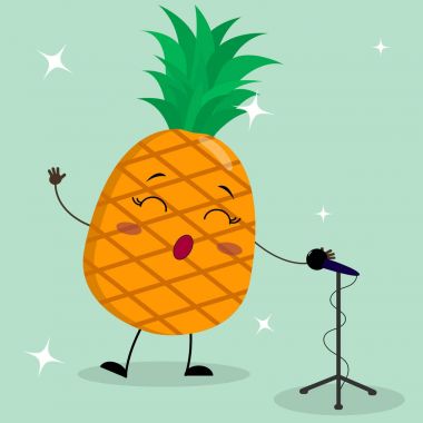 Sevimli çizgi film tarzı bir ananas Smiley mikrofona doğru söylüyor.
