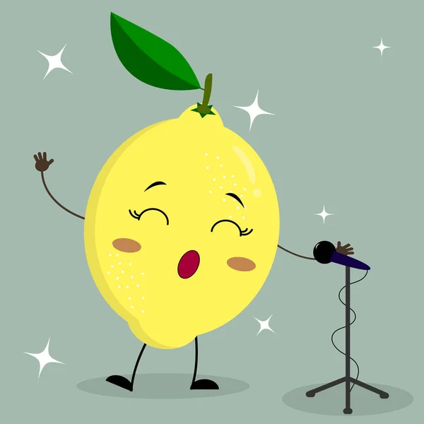 Niedlicher Zitronen-Smiley im Cartoon-Stil singt ins Mikrofon. — Stockvektor