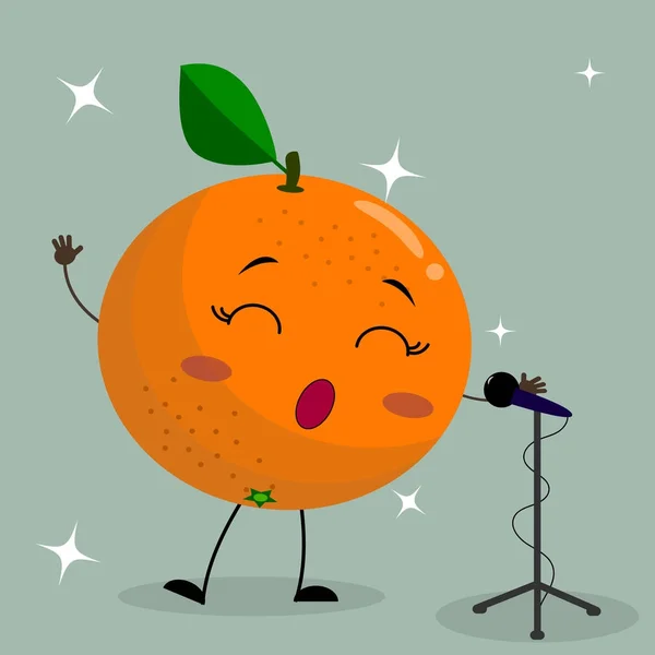 Niedlicher orangefarbener Smiley im Cartoon-Stil singt ins Mikrofon. — Stockvektor