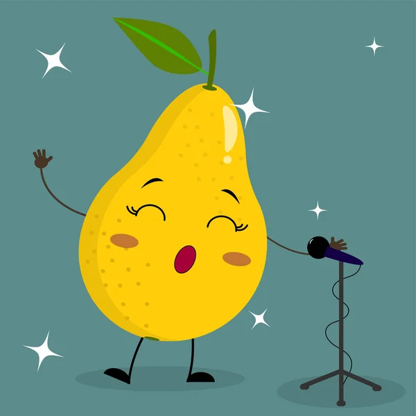 Yellow gruszka Ładna buźka w stylu kreskówki śpiewa do mikrofonu. — Wektor stockowy