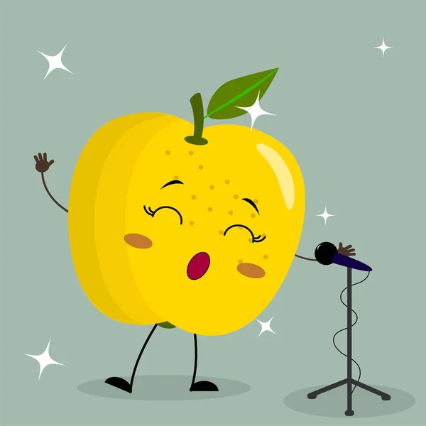 Linda manzana amarilla Smiley en un estilo de dibujos animados canta en el micrófono . — Archivo Imágenes Vectoriales