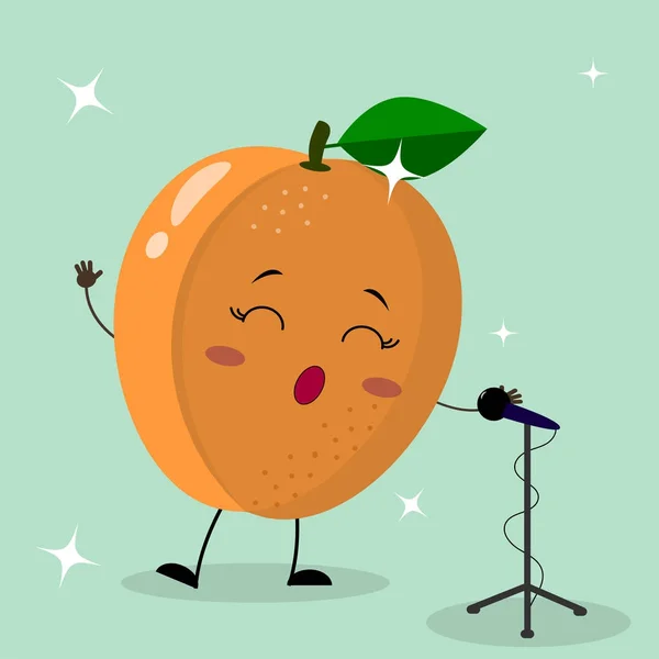 Lindo albaricoque Smiley en un estilo de dibujos animados canta en el micrófono . — Vector de stock