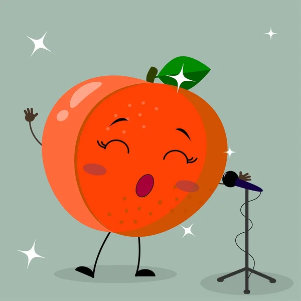 Niedlicher Pfirsich-Smiley im Cartoon-Stil singt ins Mikrofon. — Stockvektor
