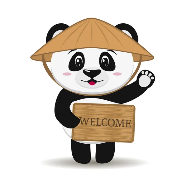 Panda într-o pălărie în stilul unui desen animat stă cu mâna ridicată și deține un semn de salut . — Vector de stoc