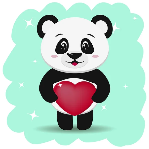 Панда з червоне серце в його лапи, в стилі мультфільму стоїть. — стоковий вектор
