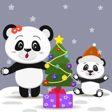 Yılbaşı ağacı ve hediye kutusu Panda panda ve yayla çocuğunun santa kap.