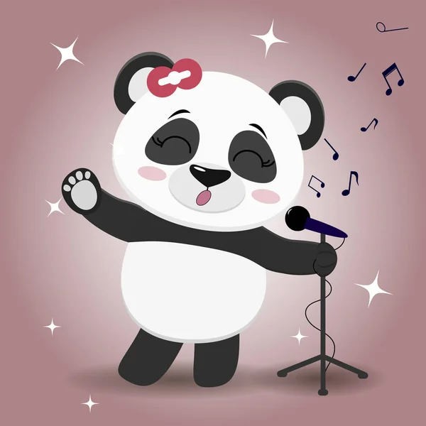 Énekes Panda egy piros íj, egy emelt mancs, énekel a mikrofon, egy rózsaszín háttér, a stílus, a rajzfilmek. — Stock Vector