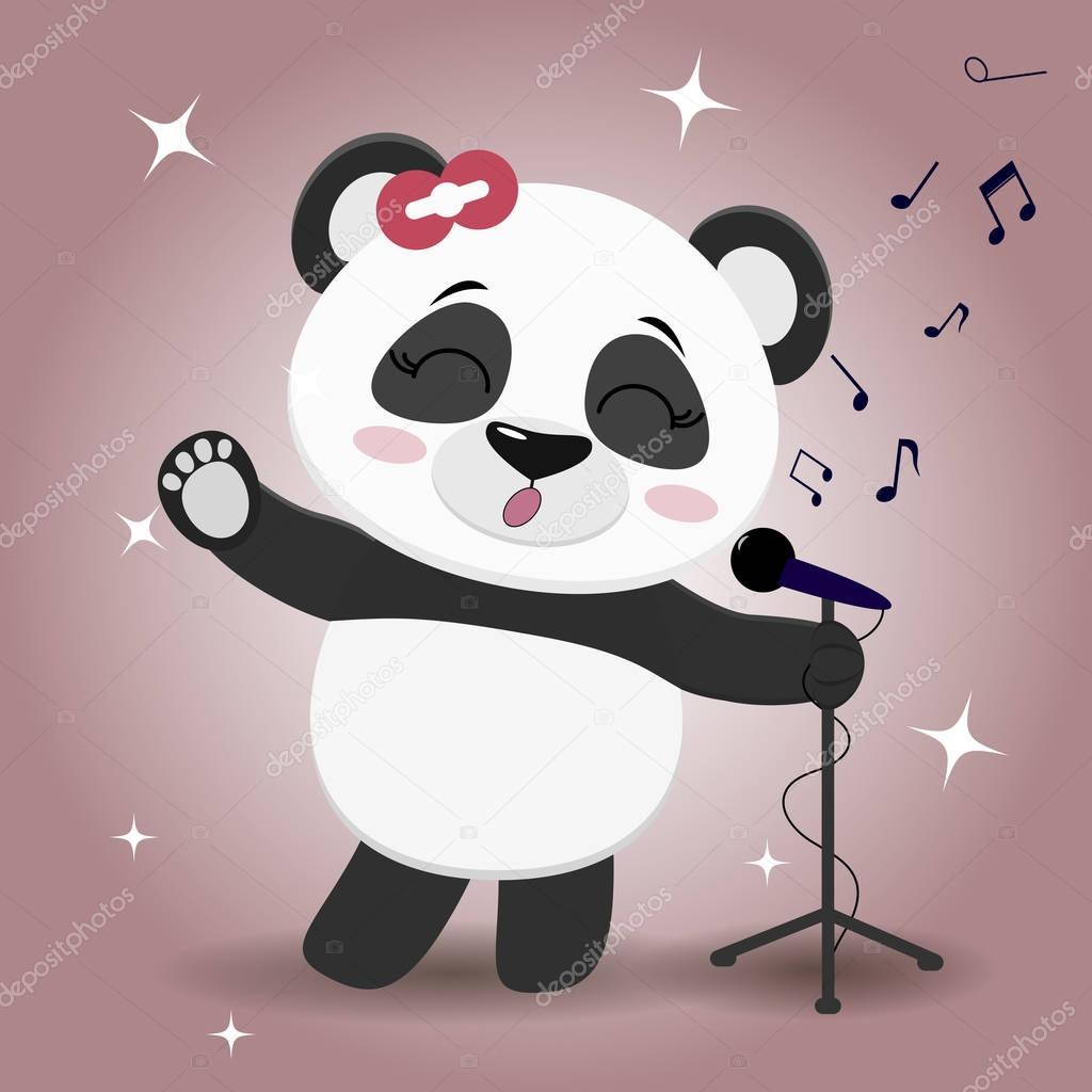 Singer Panda with a red bow, with a raised paw, sings into the microphone on a pink background, in the style of cartoons.