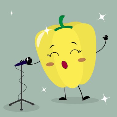 Sevimli sarı biber gülen bir karikatür tarzı mikrofona doğru söylüyor.