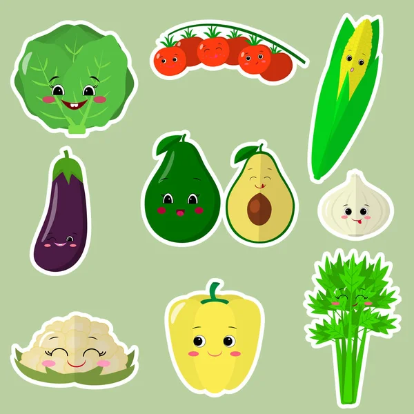 Conjunto de ícones planos de vegetais sorrisos adesivos em um fundo verde . —  Vetores de Stock