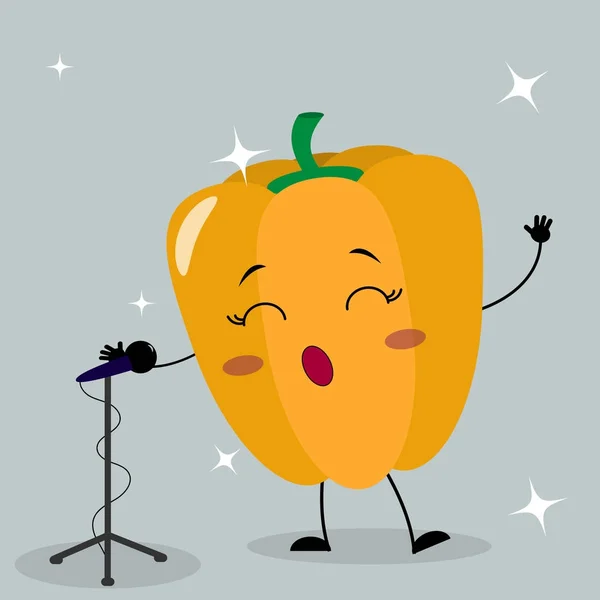Χαριτωμένο πορτοκαλί πιπεριά smiley σε ένα ύφος κινούμενων σχεδίων τραγουδάει στο μικρόφωνο. — Διανυσματικό Αρχείο