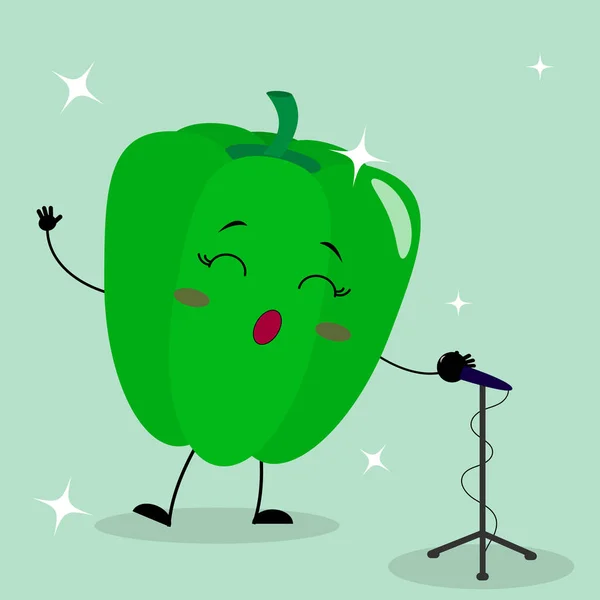 Roztomilý zelený pepř smajlík v kresleném stylu, zpívá do mikrofonu. — Stockový vektor