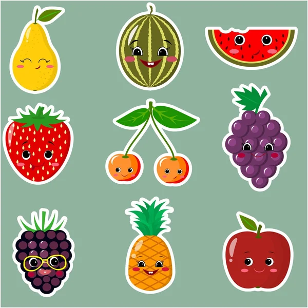 Iconos de frutas pegatinas sonrientes con un contorno blanco en el conjunto . — Vector de stock