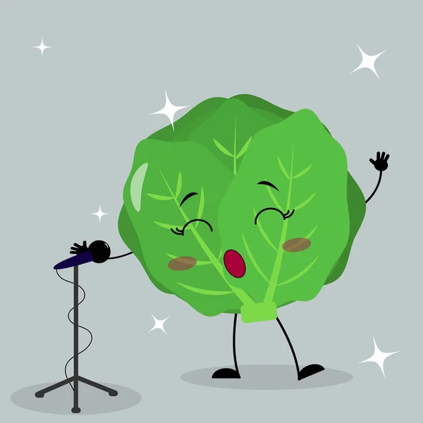 Cute cabbage smiley in a cartoon style sings into the microphone. — Stock Vector