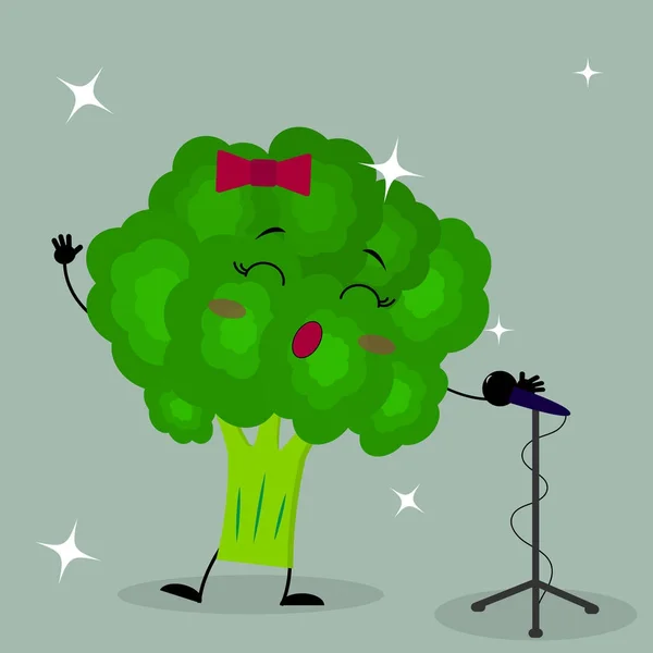 Senyum brokoli yang lucu dalam gaya kartun bernyanyi ke mikrofon . - Stok Vektor