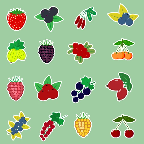 Ikonok matricák, különböző gyümölcsök és bogyók, fehér körvonallal, összegyűjtött egy-egy zöld háttér. — Stock Vector